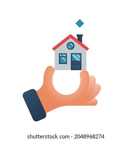 Home in hand. Hand holding house. Real estate agent handing over home. Template for sale or gift. Vector illustration flat design. Isolated on white background.