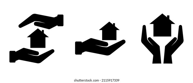 Home in hand icon. Black shape. Residential house. Isolated object. Business concept. Vector illustration. Stock image.