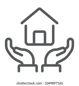 Home in hands line icon, real estate and home, home protection sign vector graphics, a linear pattern on a white background, eps 10.