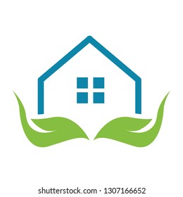 Home with hands logo concept. leaf concept for hands