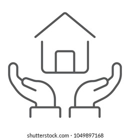 Home in hands thin line icon, real estate and home, home protection sign vector graphics, a linear pattern on a white background, eps 10.
