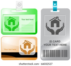 home in hands. Vector id cards.