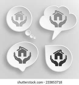 home in hands. White flat vector buttons on gray background.