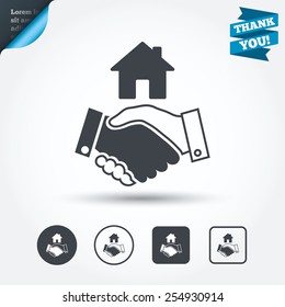 Home handshake sign icon. Successful business with house building symbol. Circle and square buttons. Flat design set. Thank you ribbon. Vector
