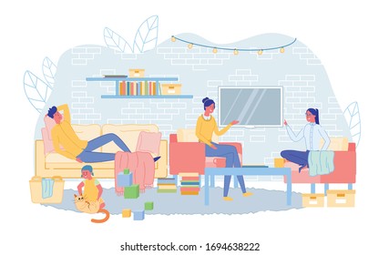 Home Happy Family Evening or Weekend Situation. Girl Wife and Teenager Student Preparing for Exams Using Laptop. Girl Child Playing with Cat. Husband Sleeping Rest on Couch. Vector Illustration