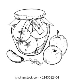 home harvesting of apples, black and white vector illustration, painting