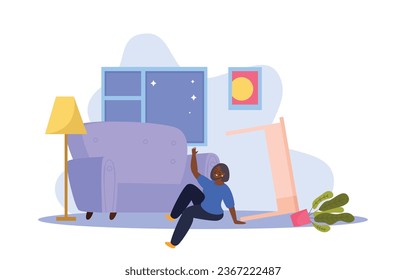 Home hazard flat composition with woman fell down at home vector illustration