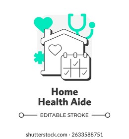 Home health aide flat outline concept icon. Professional medical healthcare service. Social support for patient. Modern line illustration with green glyphs. Conceptual visual. Easy to edit