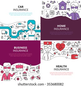 Home health and auto insurance business policies concept 4 linear icons square composition design abstract vector illustration