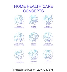 Juego de iconos de concepto de degradado azul para cuidado de salud en el hogar. Proveedores de servicios médicos. Ilustraciones de color de línea delgada de ideas de enfermería y asistencia. Símbolos aislados. Fuentes Roboto-Medium, Myriad Pro-Bold utilizadas