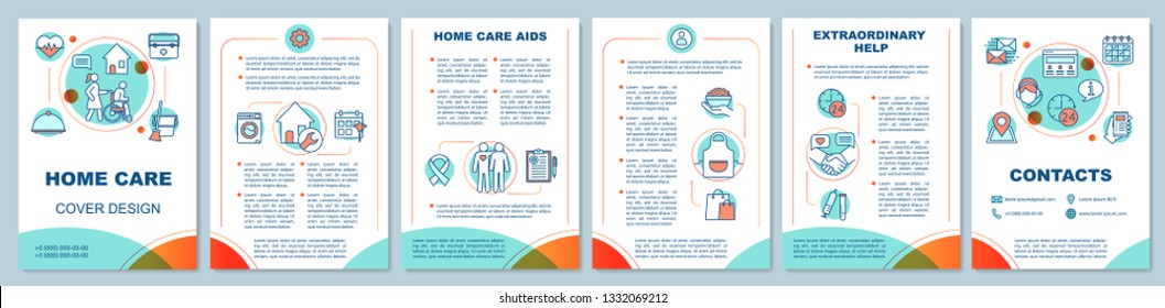 Home health care brochure template layout. Assisted living. Medical, cleaning help. Leaflet print design, linear illustrations. Vector page layouts for magazines, annual reports, advertising posters