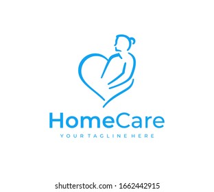 Home healthcare logo design. Elderly care vector design. Heart and senior woman logotype