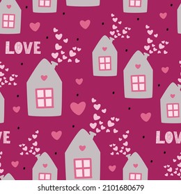 Heim und Herz. Nahtloses Muster amoroser Häuser. Valentinstag. Kinderkollektion zum Verpacken von Papier, Stoff. Romantisches Design für Postkarte, Poster oder Druck für Kleidung.
