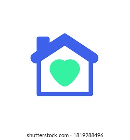 Hogar con vectores de íconos cardíacos, signo plano relleno, pictograma bicolor, color verde y azul de la casa de amor. Símbolo, ilustración de logotipo