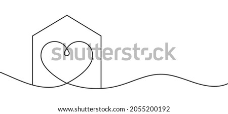 Home with heart line art drawing vector illustration. Continuous one line drawing house with heart shape. Abstract love symbol. Outline ribbon vector background. Art design template.