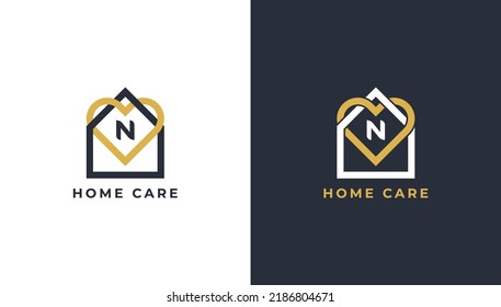 Home Heart Love Logo Concept icon sign symbol Design Line Art Style with Letter N. Home, House Care Logotype. Vector illustration logo template