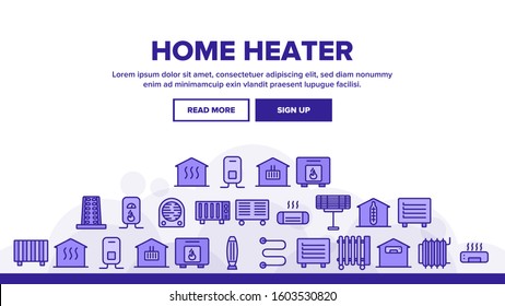 Home Heater Landing Web Page Header Banner Template Vector. Home Heater, Heating System Equipment, Radiator And Electric Warm Floor Illustration