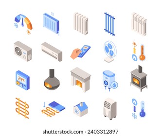 Home heating colorful icons set. Bright signs with radiator, dehumidifier, heated floors and equipment for heating air in winter season. Cartoon flat vector collection isolated on white background