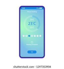 Home heating control app smartphone interface vector template. Mobile page blue design layout. Remote heat controller application screen. Flat UI. Intelligent house automation software phone display