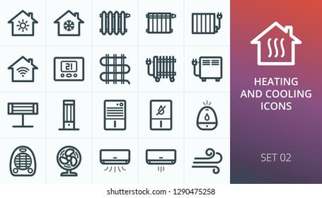 Home heating and cooling system icons set. Set of air conditioning, conditioner, oil radiator, smart house, electric warm floor, fan ventilator, dehumidifier, humidifier, infrared carbon heater icons
