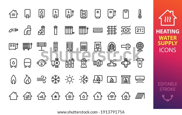 Home heating, cooling and water supply system\
isolated icon set. Set of heating boiler, electric water heater,\
solid fuel boiler, air conditioning, oil radiator, coaxial chimney\
pipes vector icons