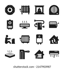 Home heating icons set. Room temperature control. Thermal radiator. Air, infrared, oil heaters. Monochrome black and white icon.