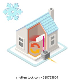 Home Heating System Air Conditioning Unit House Heating Heat Pump Infographic. Isometric Building 3d Diagram Air Conditioner Unit Fan. Home Heating Diagram. Image Object Diagram Vector Image.