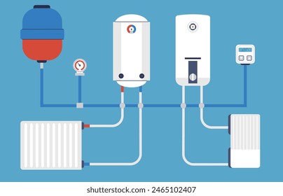 Home heating system. Smart energy saving house or apartments technologies. Boilers and room batteries with thermostat, decent vector concept