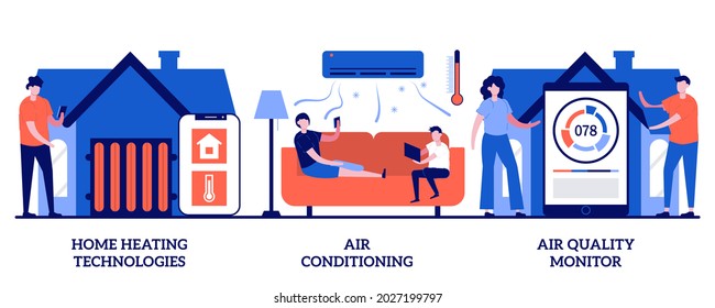 Home heating technologies, air conditioning and quality monitor concept with tiny people. Home automation vector illustration set. Save energy, smart cooling, air filtering, thermostat metaphor.