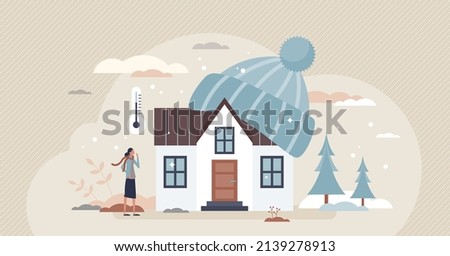 Home heating with temperature warming and insulation tiny person concept. Climate control in winter with radiator thermostats vector illustration. Domestic house and real estate thermal equipment.