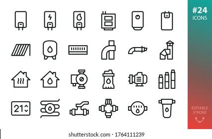 Home Heating And Water Supply System Icons Set. Set Of Gas Boiler, Electric Heater, Solid Fuel Boiler, Solar Collector, Expansion Water Tank, Coaxial Chimney Pipes, Submersible Water Pump, Valve Icon