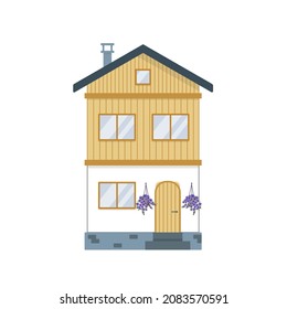 Сhalet. Home in the high country. Swiss cottage. Cozy wooden Alpine house in summer with purple petunia. Home in the high country. Isolated vector stock illustration EPS 10 on white background 