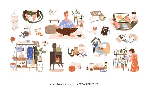 Home hobbies, pastime, pleasures set. Recreation activities, pleasant leisure, homey rest. Cozy hygge stuff for indoor relaxation. Flat graphic vector illustrations isolated on white background