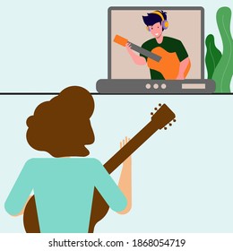 Home Hobbies. People Using Devices To Participate In New Hobbies.playing Guitar By Learning Online