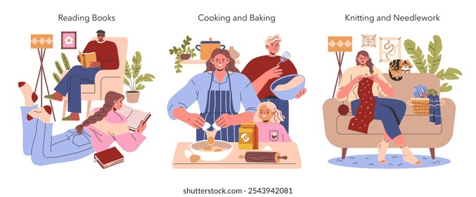 Home Hobbies set. People enjoying domestic activities like reading, baking, and knitting in cozy interiors. Leisure time relaxation and creativity scenes. Vector illustration.