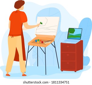 Home hobby, inspiration during insulated, woman artist drawing, design cartoon style vector illustration, isolated on white. Interesting housework, handicraft, paint painting pictures on canvas.