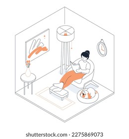 Home hobby - modern line design style isometric illustration on white background. Composition with girl reading a book and sitting in a chair, dog on a pillow sleeping nearby. Calm rest idea