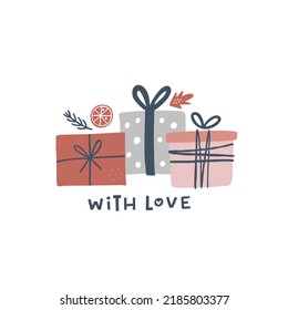 Home for holidays. Christmas card. Hand drawn illustration in cartoon style. Cute concept for xmas. Illustration for the design postcard, textiles, apparel, decor