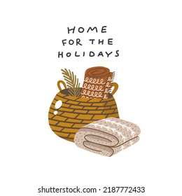 Home for holidays. Christmas card. Hand drawn illustration in cartoon style. Cute concept for xmas. Illustration for the design postcard, textiles, apparel, decor