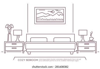 Home and hotel bedroom interior with comfortable furniture outline vector illustration