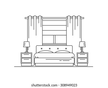 Home and hotel bedroom interior with comfortable furniture. Line vector illustration