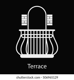 Home and hotel terrace interior with furniture. Line vector icon illustration