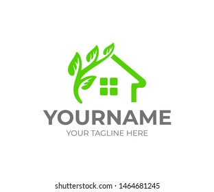 Home or house and branch with leaves, logo design. Smart house, green construction and eco building, vector design and illustration