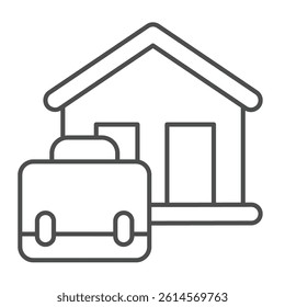 Home house and briefcase thin line icon, remote work concept. Vector graphics. Cottage building with portfolio bag sign on white background, linear style icon for mobile or web design