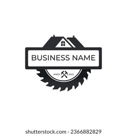 Home house builders repair remodeling logo design vector image. Circular Saw Disc for Cutting Wood and House Logo Design. Combined Vector Design. Construction Illustration
