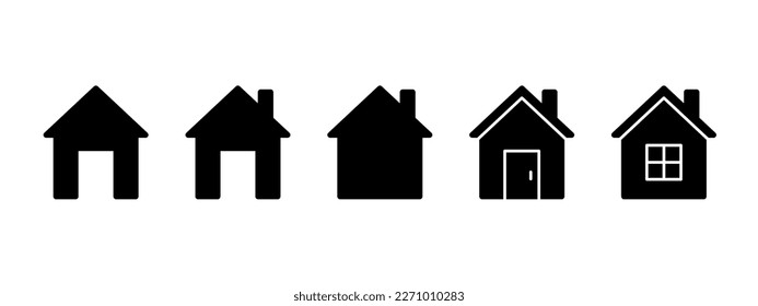 Home, house building, black icon set. House front view, property, real estate, residential cottage for mortgage and loan, homepage. Home sign. Vector illustration