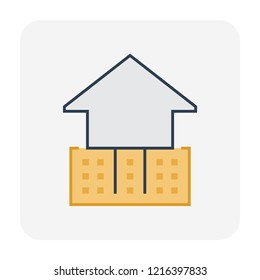 Home Or House Building And Depth Pile At Cross Section View Vector Icon Design. Include Soil, Earth Or Ground. Concrete Structure At Below, Underground. Analysis By Civil Or Geotechnical Engineering.