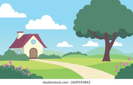 Home House Building with Flowers Floral Garden Park Yard Nature Landscape in Summer