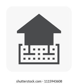 Home Or House Building And Foundation Or Footing At Cross Section View Vector Icon. Shallow Spread Type. Include Soil, Column. Concrete Structure At Below, Underground. Analysis By Civil Engineering.
