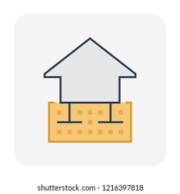 Home Or House Building And Foundation Or Footing At Cross Section View Vector Icon. Shallow Spread Type. Include Soil, Column. Concrete Structure At Below, Underground. Analysis By Civil Engineering.
